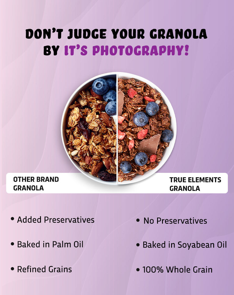 True Elements Dark Chocolate Granola is 100% whole grain with no preservatives