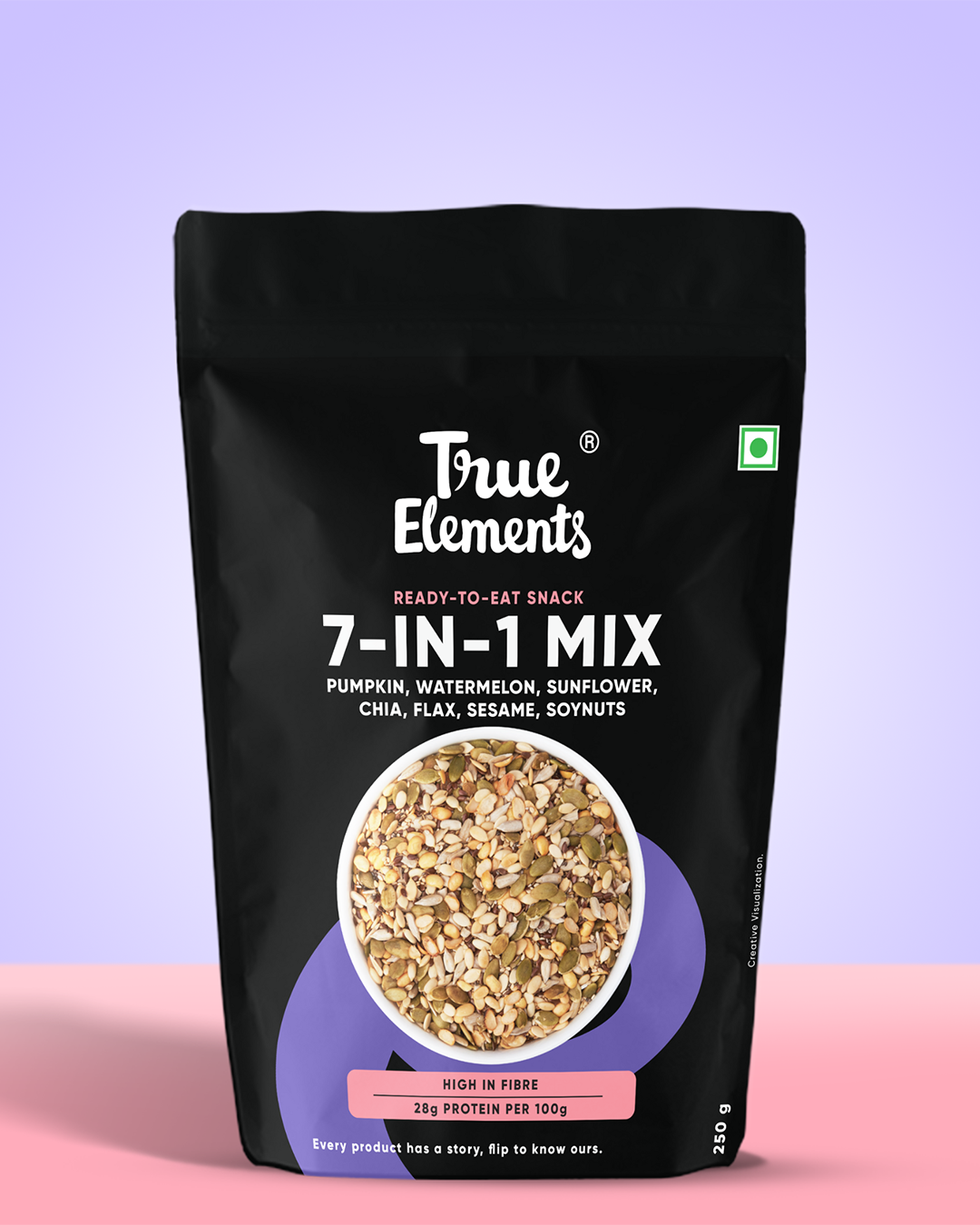 7 in 1 mix with pumpkin, watermelon, sunflower, chia, flax, sesame, & soynuts in 250g pouch.