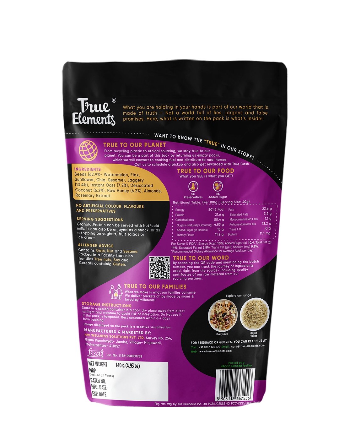True Elements Protein Granola 140gm ingredients and nutritional value