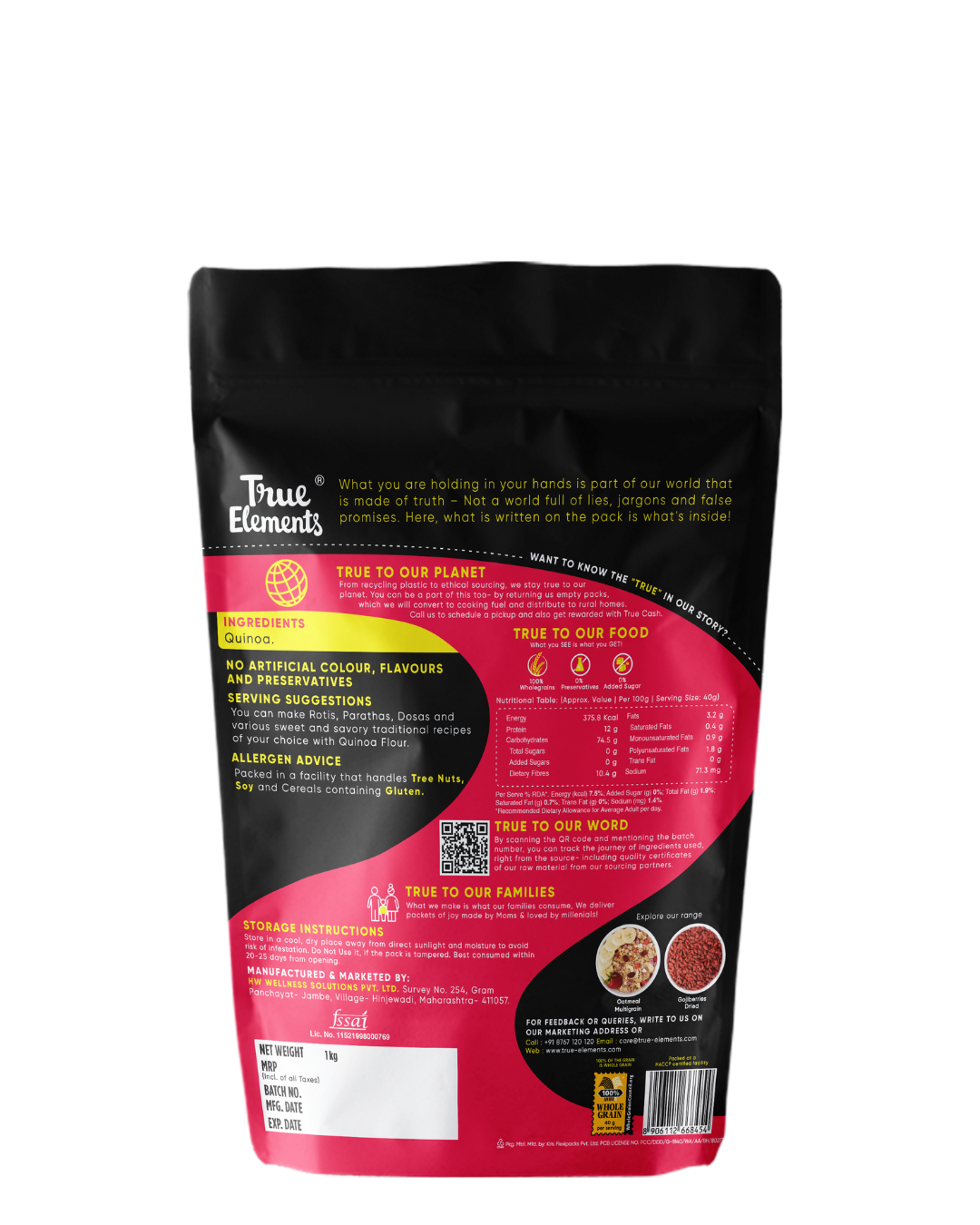 True Elements Quinoa Flour 1kg ingredients and nutritional value