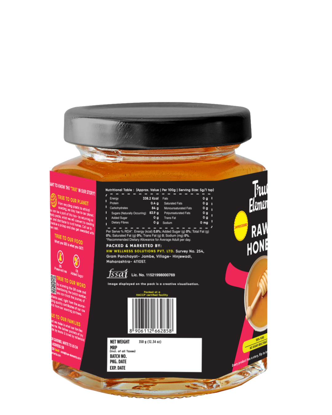 True Elements Raw Honey 350gm nutritional value