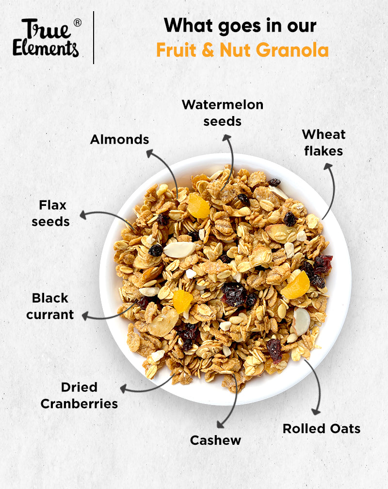 Ingredients of true elements fruit and nut granola.