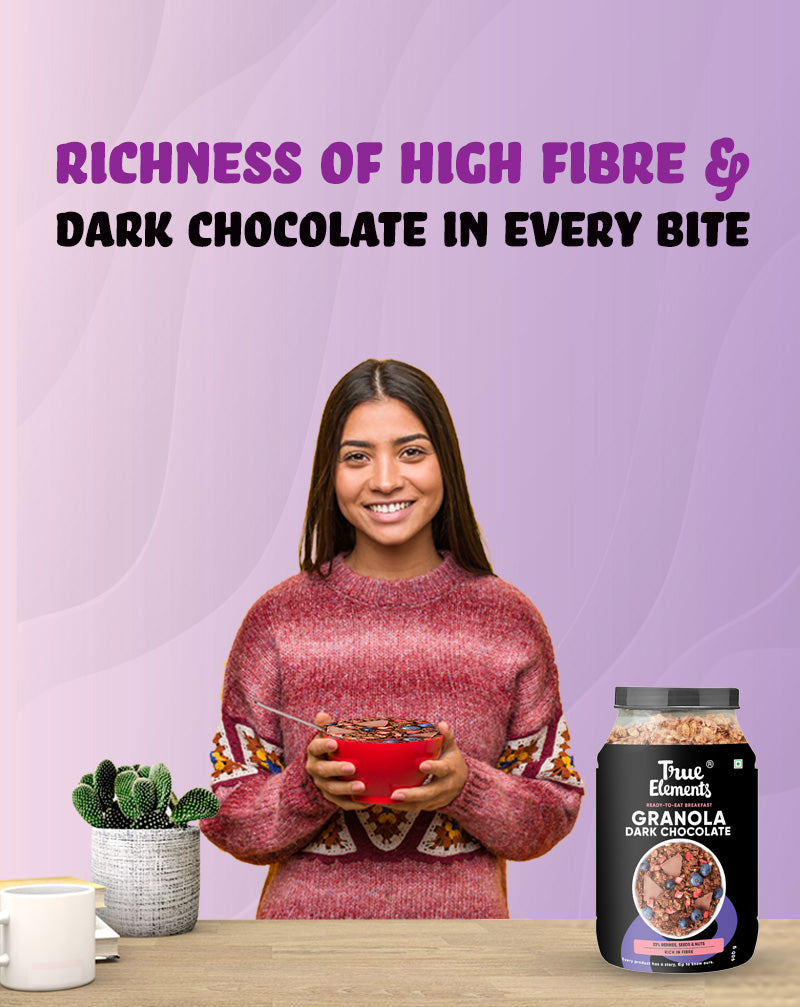True Elements Dark Chocolate Granola is rich in fibre