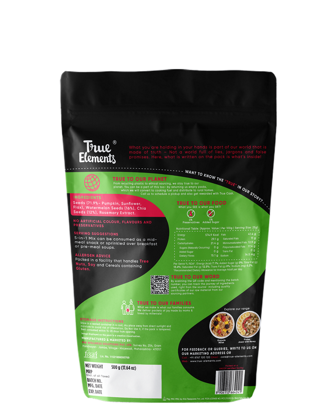 True elements 5 in 1 mix 500gm pack ingredients and nutrients