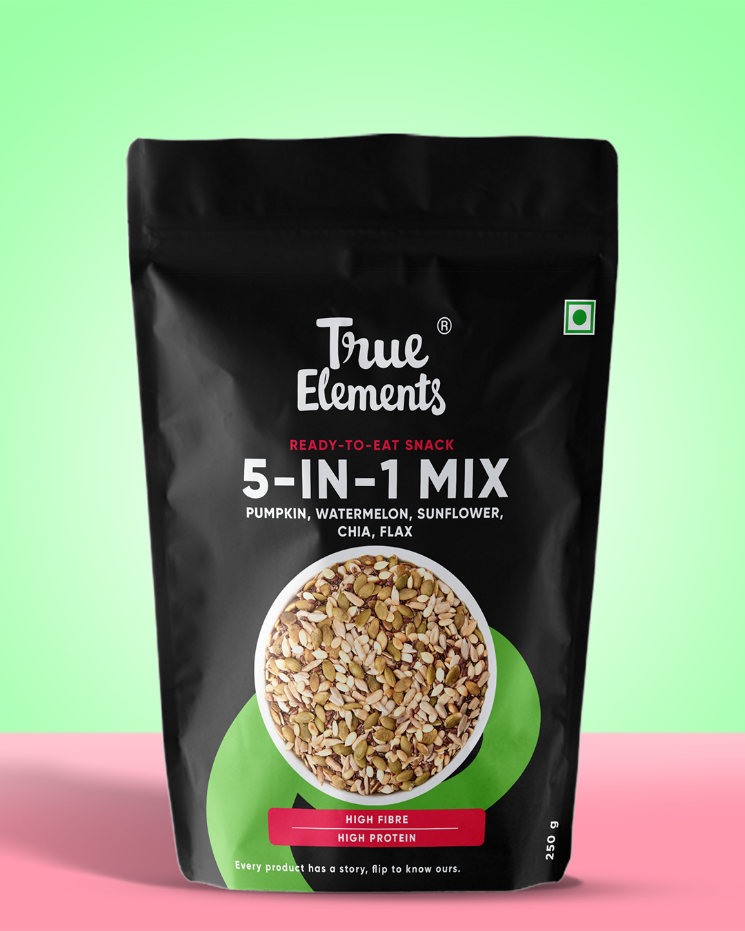 5 in 1 mix with pumpkin, watermelon, sunflower, chia and flax in 250g pouch.