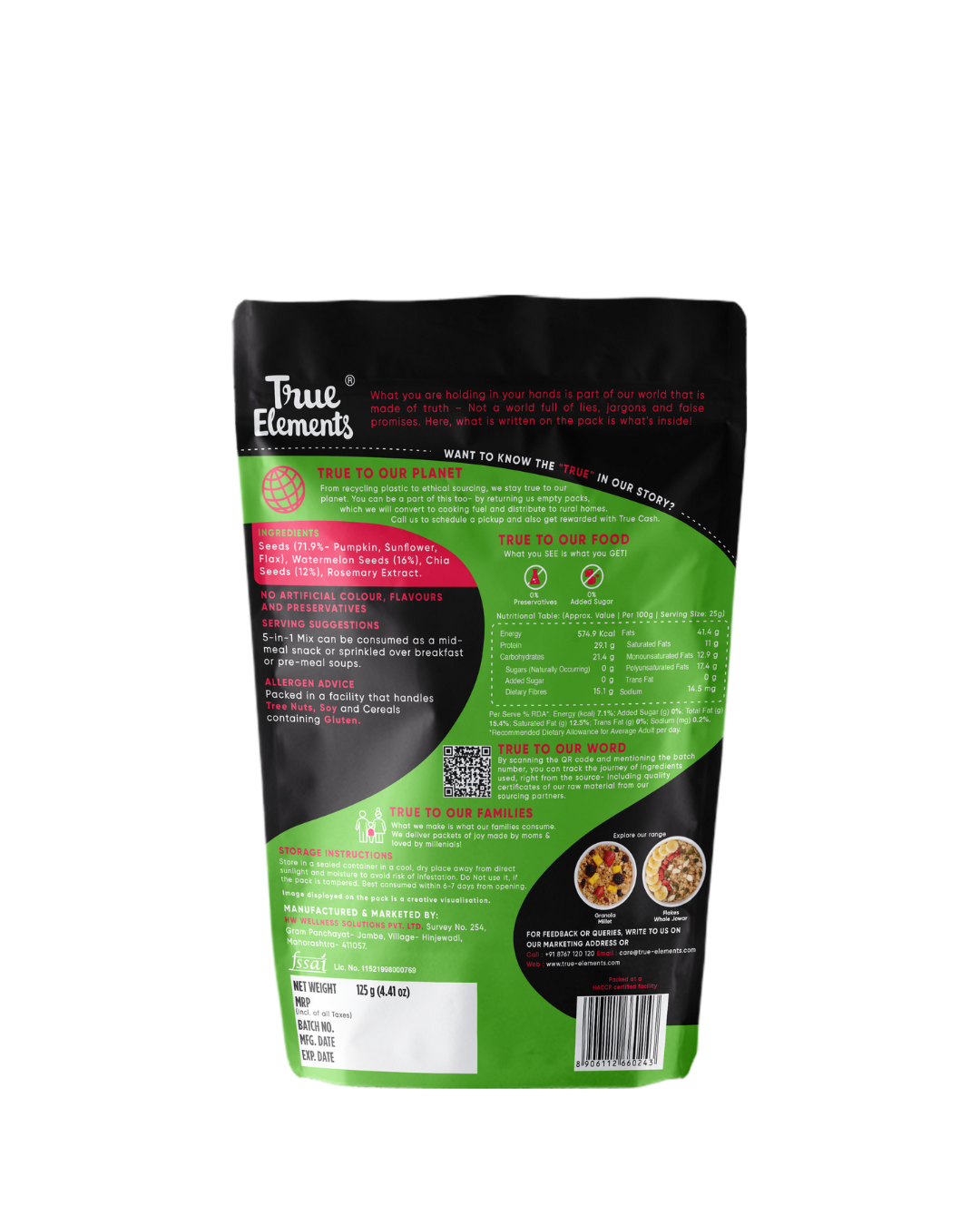 True elements 5 in 1 mix 125g pack ingredients and nutrients