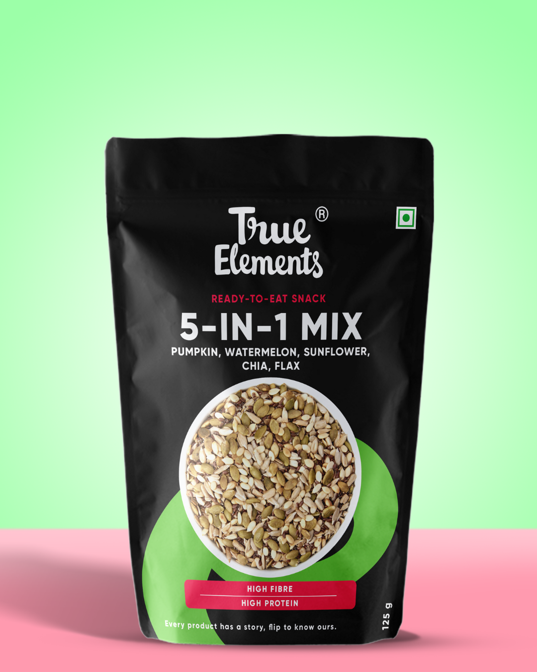 5 in 1 mix with pumpkin, watermelon, sunflower, chia and flax in 125g pouch.