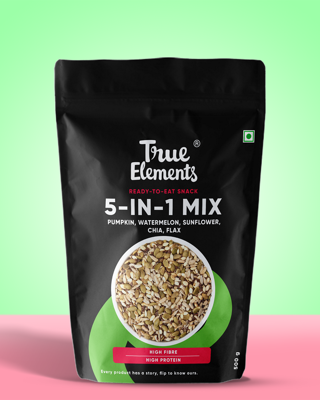 5 in 1 mix with pumpkin, watermelon, sunflower, chia and flax in 500g pouch.