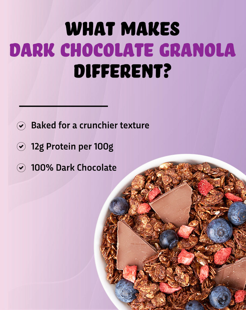 True Elements Dark Chocolate Granola have 100% dark chocolate and it is baked for a crunchier texture
