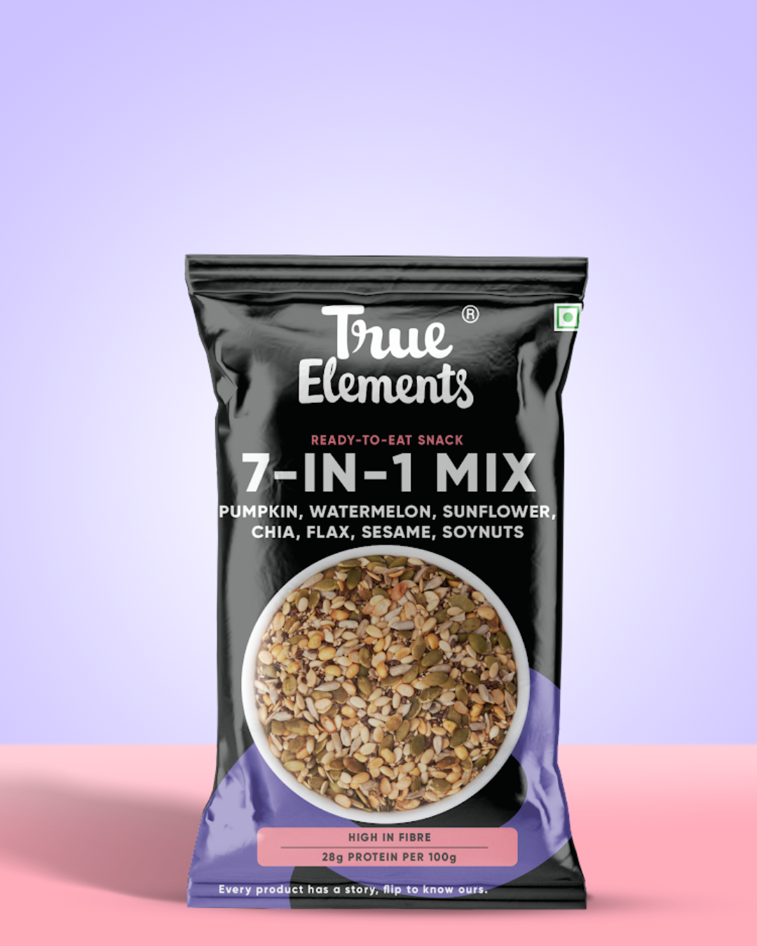 7 in 1 mix with pumpkin, watermelon, sunflower, chia, flax, sesame, & soynuts in 30g pouch.