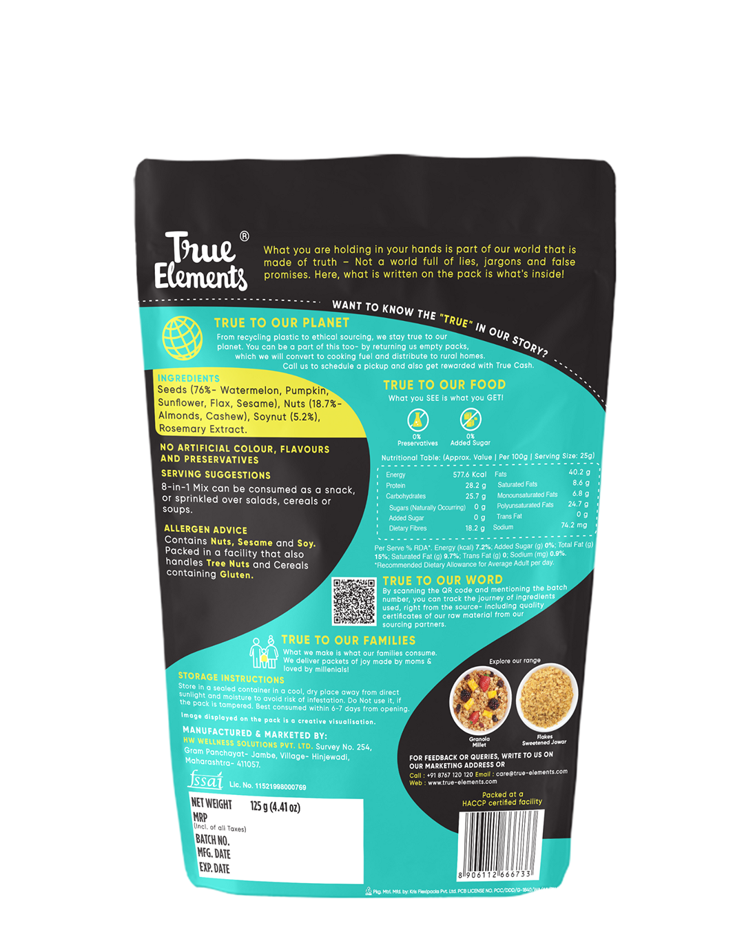 True elements 8 in 1 mix 125g pack ingredients and nutrients
