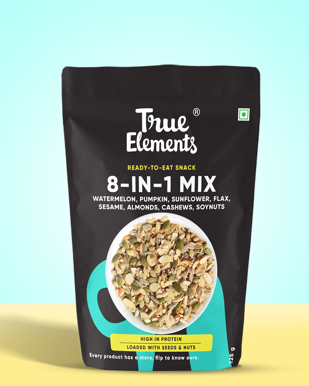 8 in 1 mix with watermelon, pumpkin, sunflower, flax, sesame, almonds, cashews & soynuts in 125g pouch.