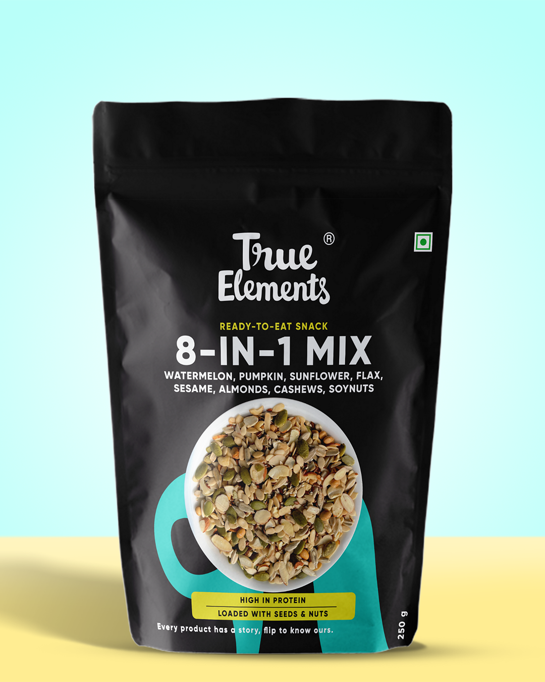 8 in 1 mix with watermelon, pumpkin, sunflower, flax, sesame, almonds, cashews & soynuts in 250g pouch.