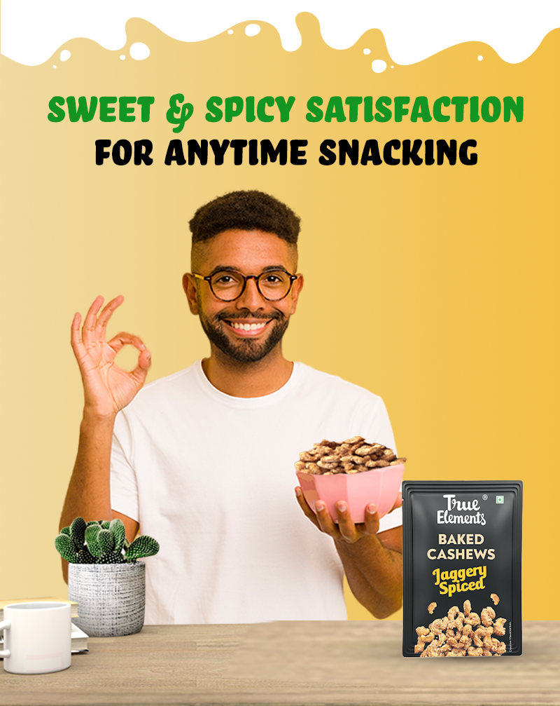 True Elements Baked Cashews Jaggery Spiced Dry Fruits anytime snacking.