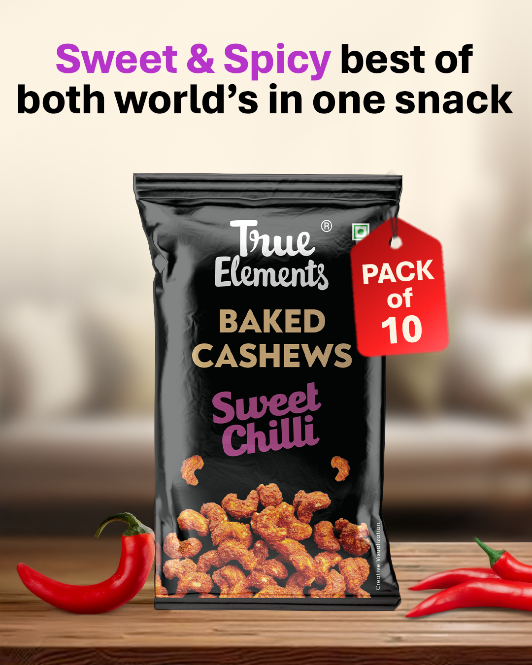 True Elements Baked Cashews: Sweet Chilli 14gm*Pack of 10