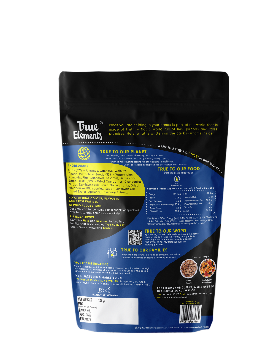 True elements daily mix 125g pack ingredients and nutrients