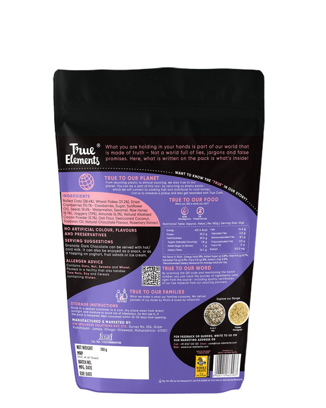 True Elements Dark Chocolate Granola 700gm ingredients and nutritional value