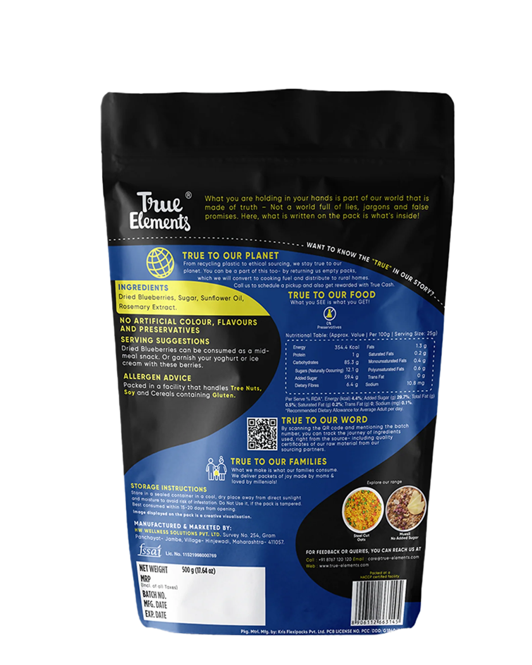 True Elements Dried Blueberries 500gm ingredients and nutritional value