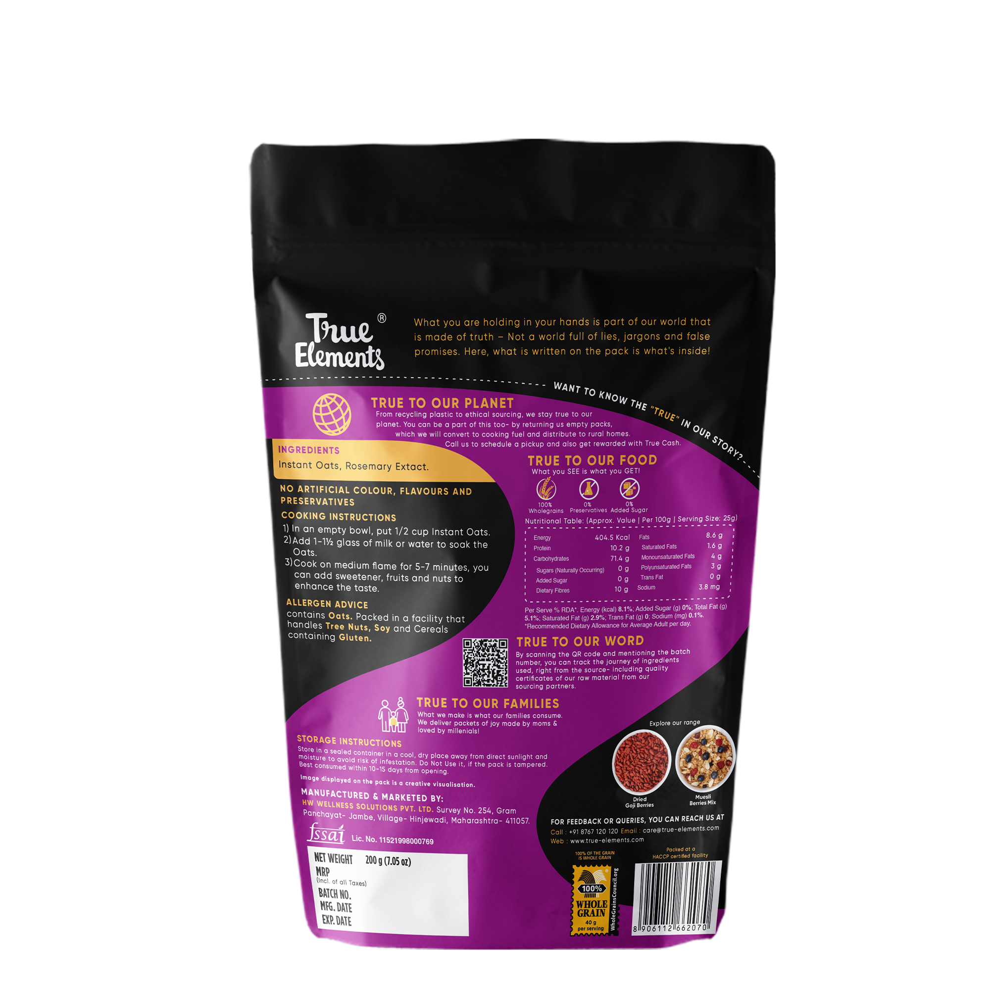 True Elements Instant Oats Back image and product Details