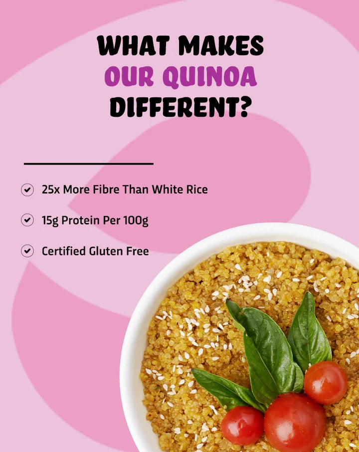 True elements quinoa consists of 25x more fibre than white rice, 15g protein and is also gluten free.