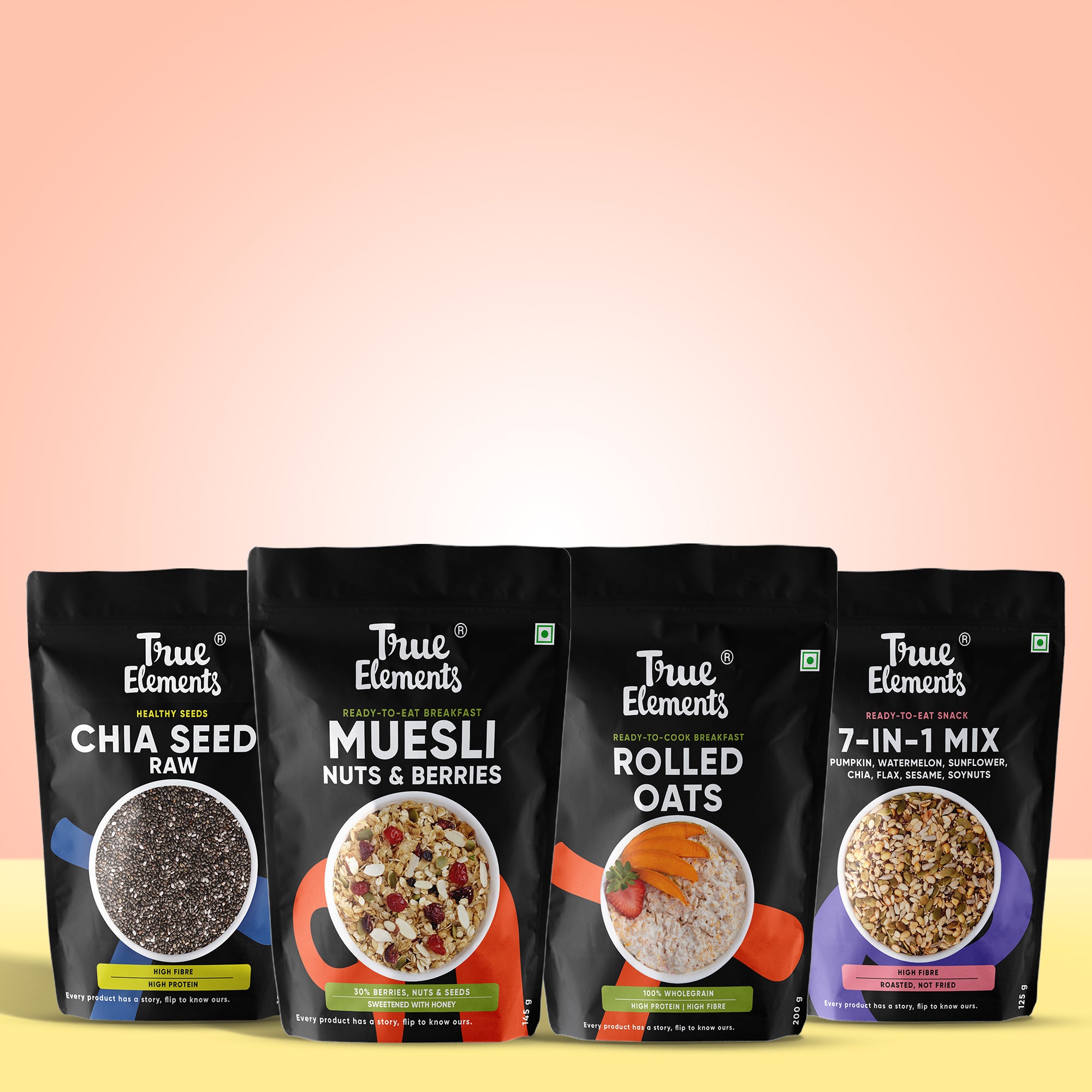 All-In-One Combo - Try our Best Sellers (Rolled Oats 200gm, Crunchy Nuts & Berries Muesli 145gm, 7-in-1 Seeds Mix 125gm & Raw Chia 150gm)