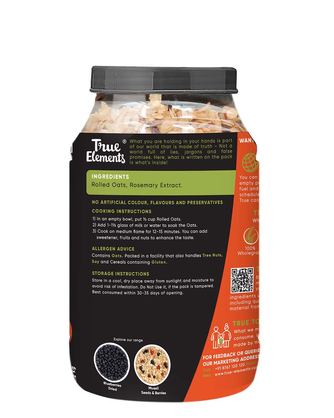 True Elements Rolled Oats Ingredients and Storage instructions