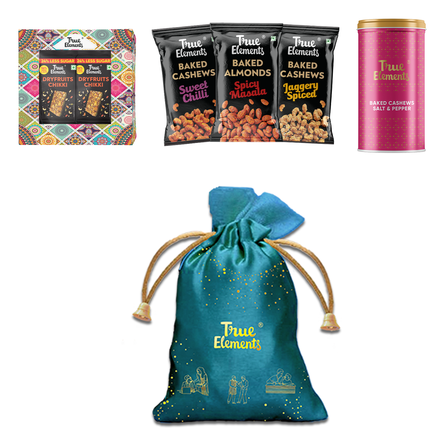 true elements gift hamper with satin potli