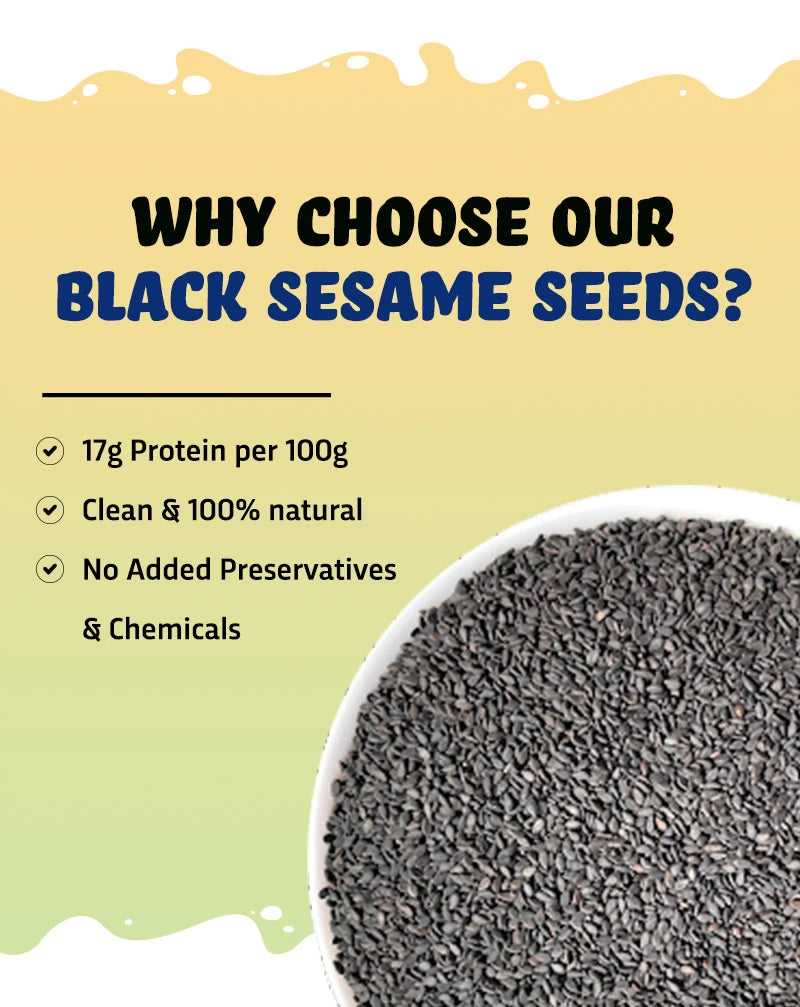 True elements black sesame seeds consists of 17g Protein and is 100% clean and naturals with no added preservatives and chemicals.