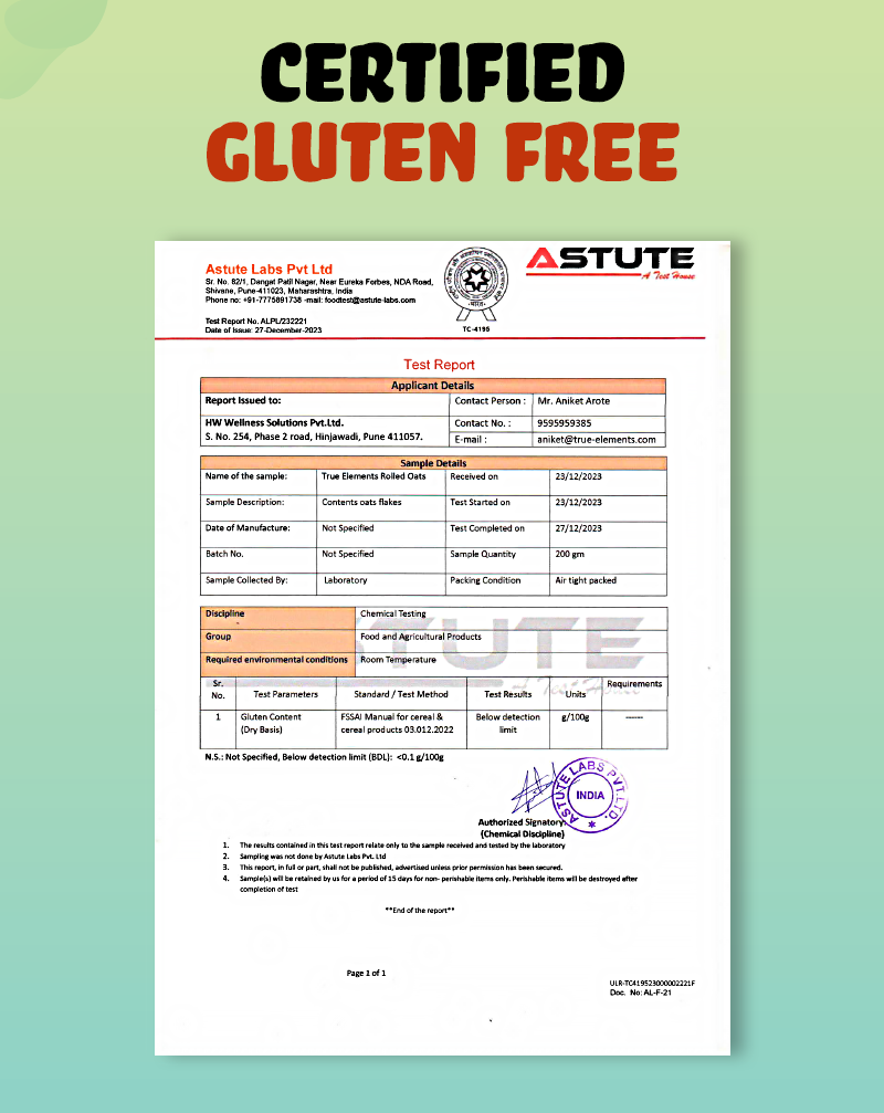 True elements rolled oats is certified for being gluten free.