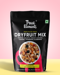 True elements dryfruit mix consisting of pumpkin, walnuts, apricot, almonds, cashews, cranberries, blueberries in a 125g pouch.