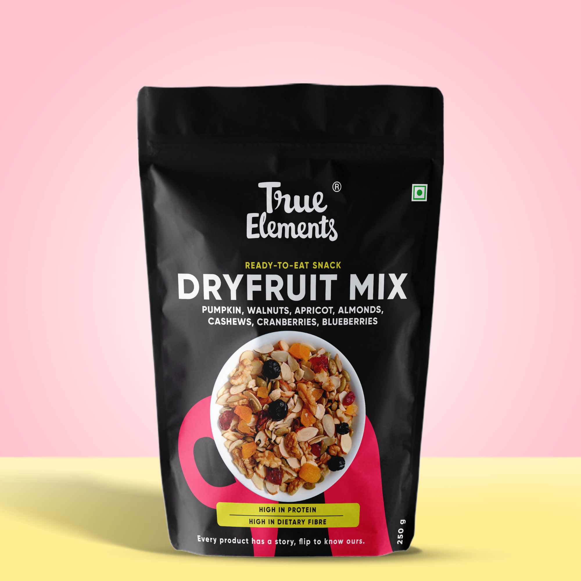 True elements dryfruit mix consisting of pumpkin, walnuts, apricot, almonds, cashews, cranberries, blueberries in a 500g pouch.
