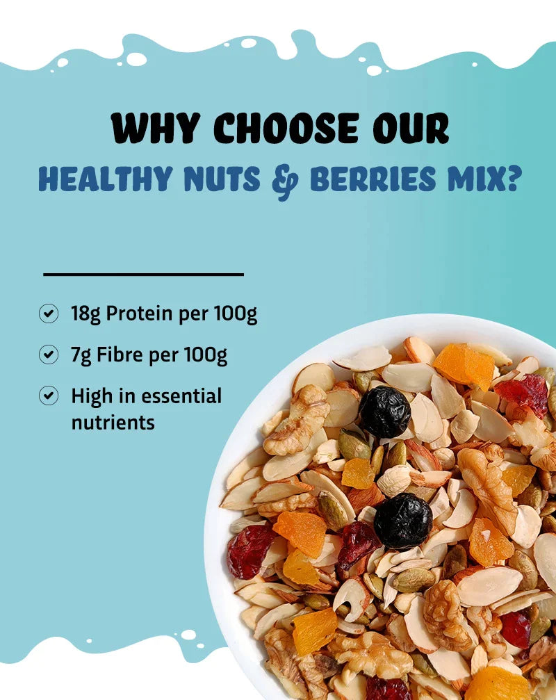 True elements healthy nuts & berries mix consists of 18g Protein, 7g Fibre and is also high in essential nutrients.