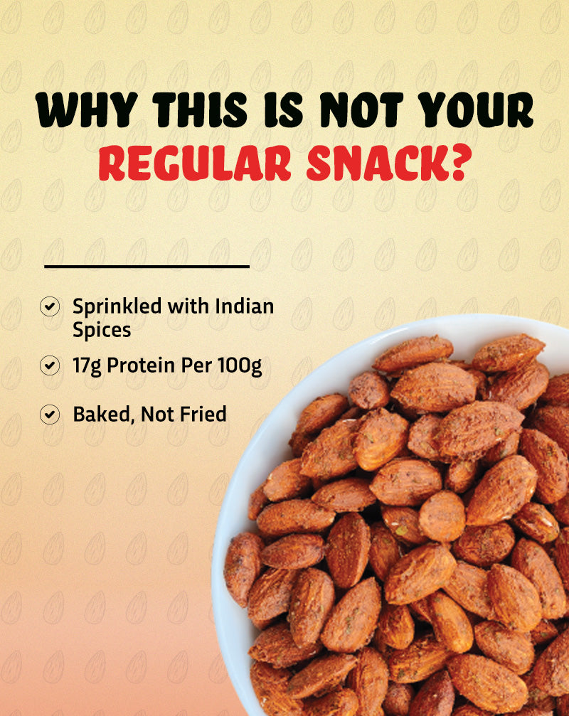 True Elements Baked Almonds Masala Dry Fruits with no added artificial flavors and sprinkled with Indian Spices.