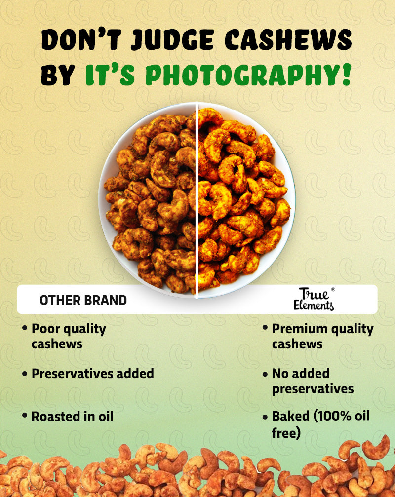 True Elements Baked Cashews Masala Dry fruits are premium quality has 0% Preservatives and it is 100% Oil Free