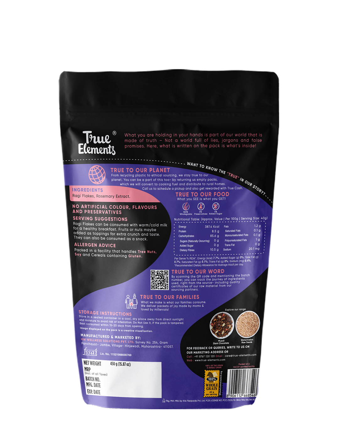 True Elements Ragi Flakes 450gm ingredients and nutritional value