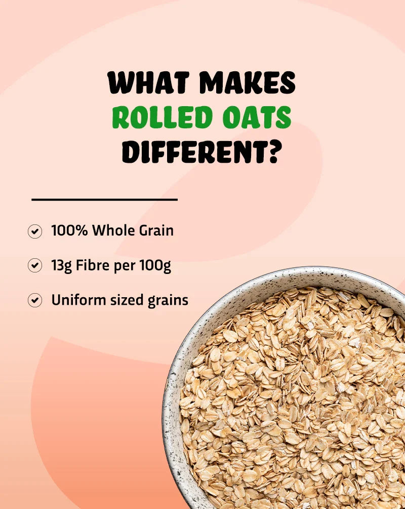 True elements rolled oats is 100% Whole Grains and 13g Fibre whilst the grains being uniform sized.