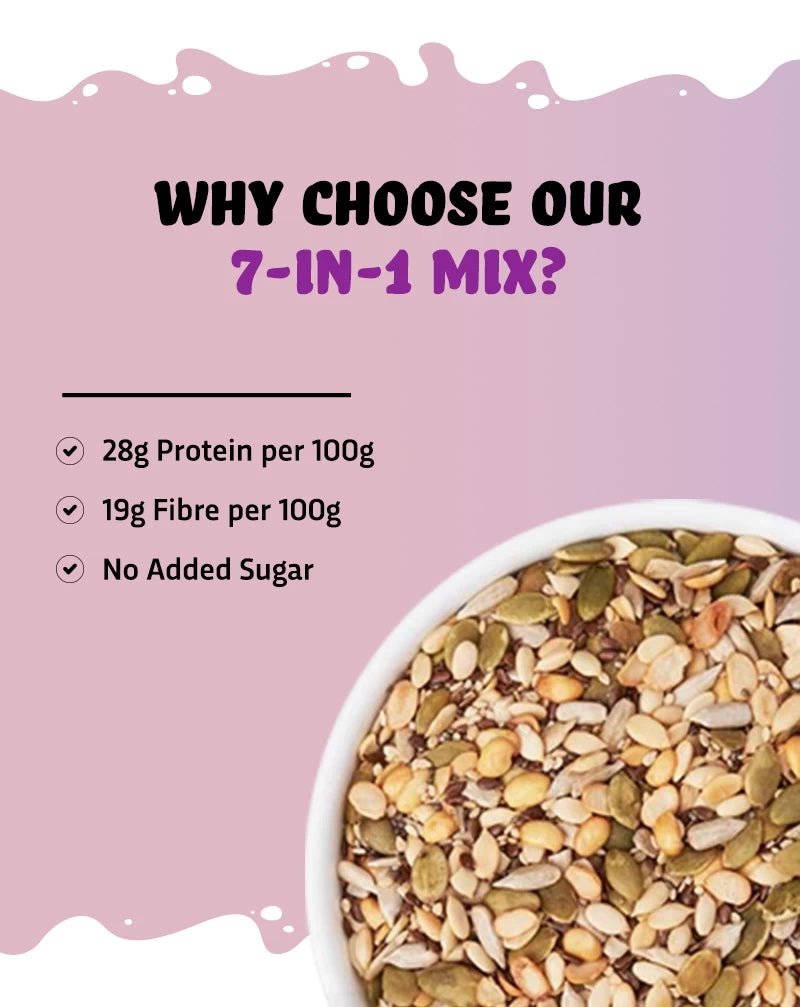 True elements 7 in 1 mix consists of 28g Protein, 19g Fibre also has no added sugar.