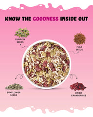 goodness of 4, pumpkin seeds, flax seeds, sunflower seeds and dried cranberries in 1