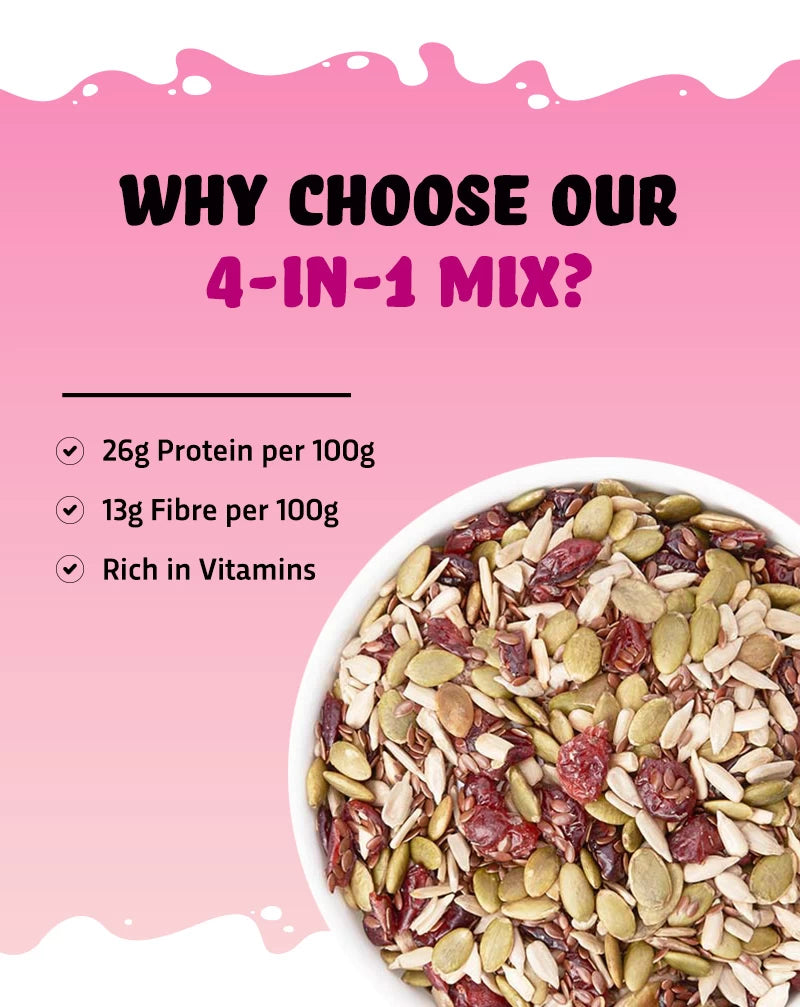 True elements 4 in 1 mix consists of 26g Protein, 13g Fibre and is rich in Vitamins