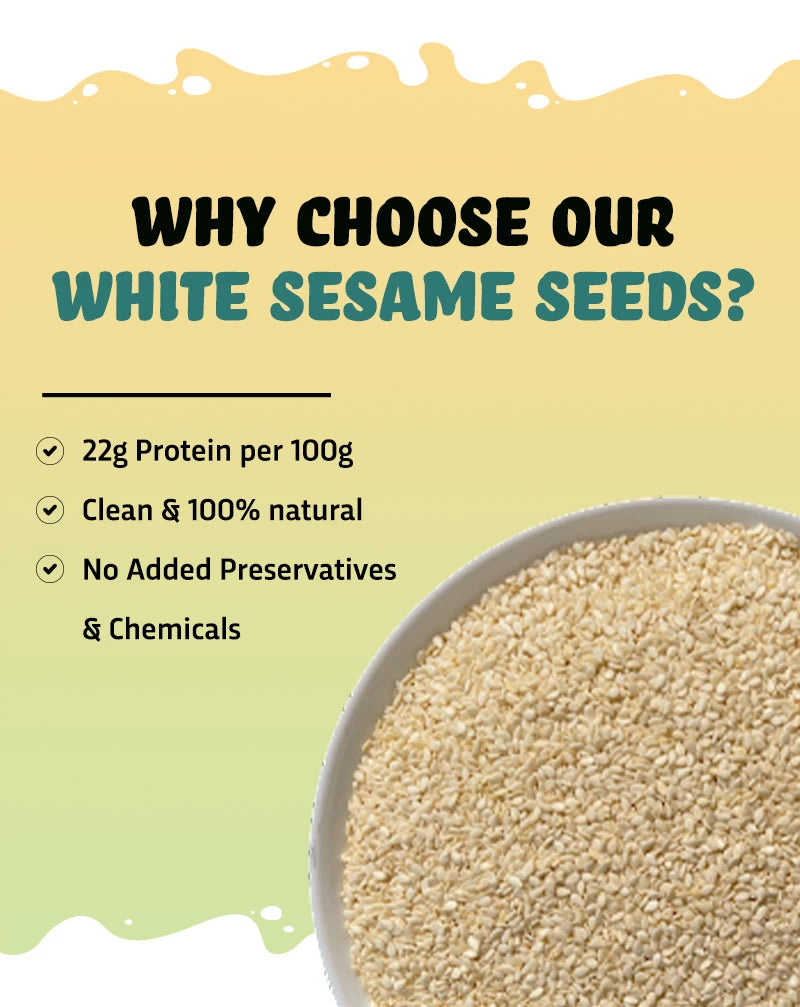 True elements white sesame seeds consists of 22g Protein and is 100% clean and naturals with no added preservatives and chemicals.