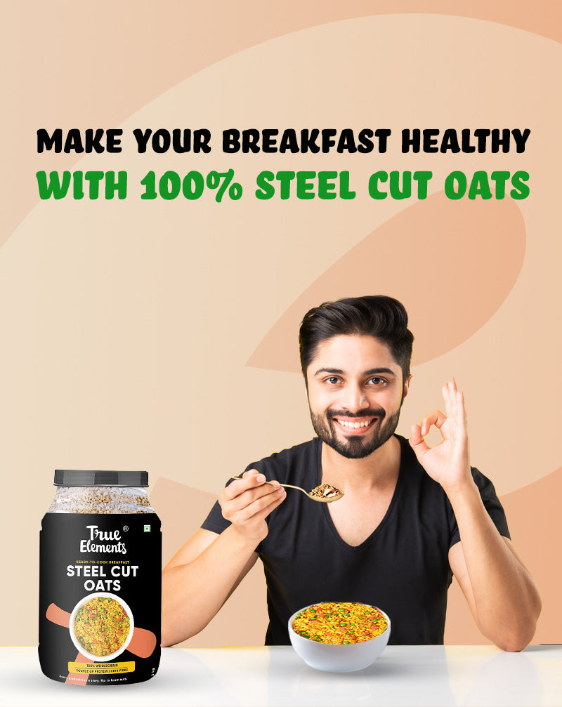 Healthy breakfast with true elements steel cut oats.